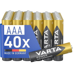 VARTA baterijas AAA, 40 gab, Power on Demand, Alkaline, 1,5V, Vorratspack in umweltschonender Verpackung, ideal für Computerzubehör, Smart Home Geräte, Made in Germany [Exklusiv bei Amazon]