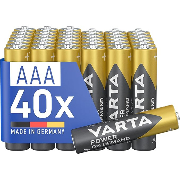 VARTA baterijas AAA, 40 gab, Power on Demand, Alkaline, 1,5V, Vorratspack in umweltschonender Verpackung, ideal für Computerzubehör, Smart Home Geräte, Made in Germany [Exklusiv bei Amazon]