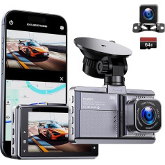 Automobiļa priekšējā un aizmugurējā 4K bezvadu kamera ar GPS 5GHz WiFi Dash Cam ar 64GB SD Automobiļa kamera bezvadu ar stāvvietas monitoringu/170° platleņķa/360° rotējošs piesūceknis/Super nakts redzamība/ieraksta cilpa