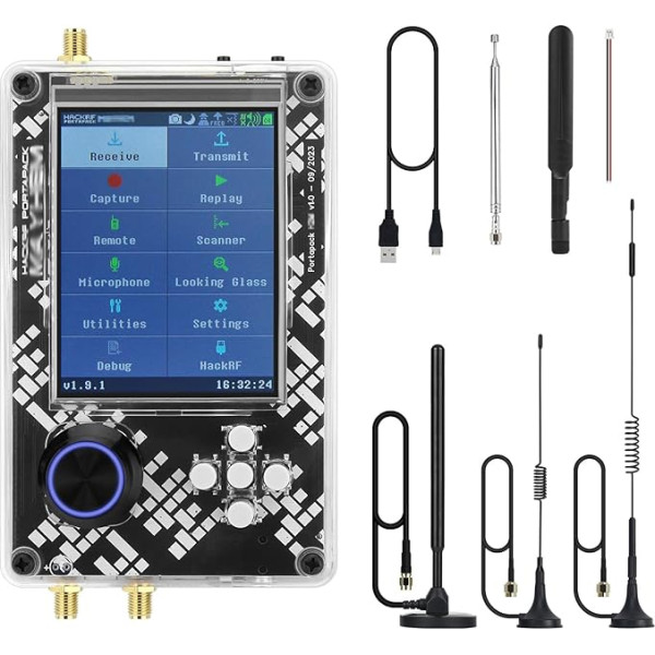 Hamgeek HackRF One R9 V2.0.0 SDR radio un PortaPackH2M Komplektā ietilpst 5 antenas un USB kabelis, uzstādīts uz plastmasas apvalka