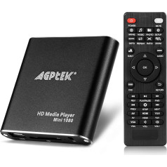 AGPTEK Mini 1080P Full HD digitālais multivides atskaņotājs ar tālvadības pulti MP3, WMA, OGG, AAC, FLAC, APE, AC3, DTS, ATRA - atbalsta HDMI CVBS un YPbPr video izeju (melns)