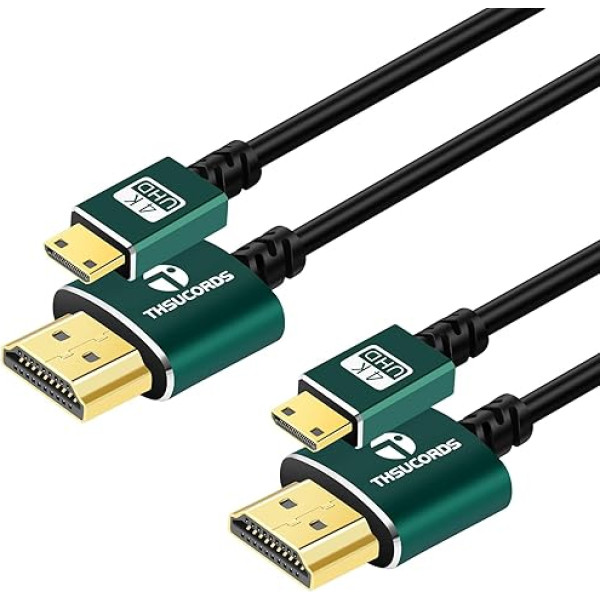 Thsucords Hyper Slim Mini HDMI uz HDMI kabelis 2 m, 2 m iepakojumā, īpaši plāns un elastīgs HDMI mini kabelis Atbalsta 3D/4K @ 60Hz/18Gbps/1080P Saderīgs ar klēpjdatoru, TV, monitoru, projektoru