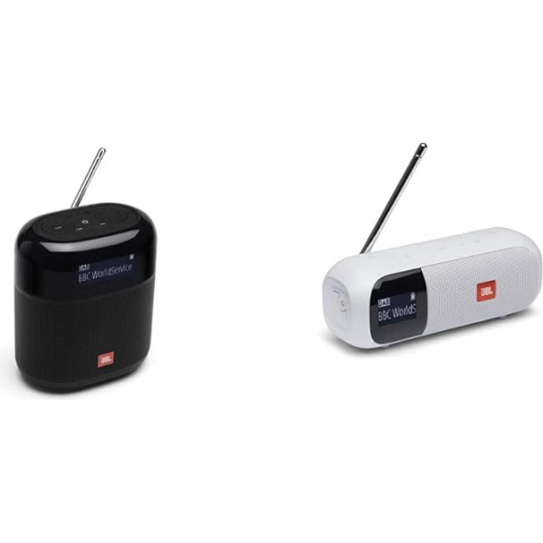 JBL Tuner XL radio ierakstītājs melnā krāsā - pārnēsājams Bluetooth skaļrunis ar MP3, DAB+ un FM radio & Tuner 2 radio ierakstītājs baltā krāsā - pārnēsājams Bluetooth skaļrunis ar MP3, DAB+ un FM radio