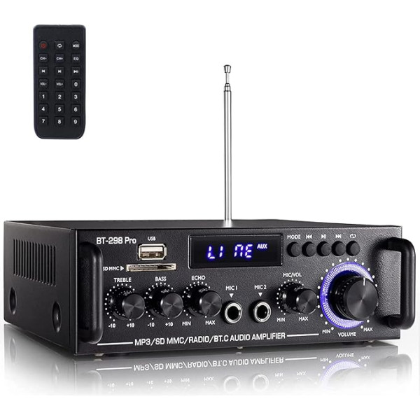 Etlephe 298 Pro Mini pastiprinātājs, Bluetooth uztvērējs, audio pastiprinātājs, Max 500W x 2RMS 50W x 2, 2 kanālu HiFi pastiprinātājs, mājas kinozāles stereo uztvērējs, augstfrekvences un basi ar USB/RCA/MIC/FM