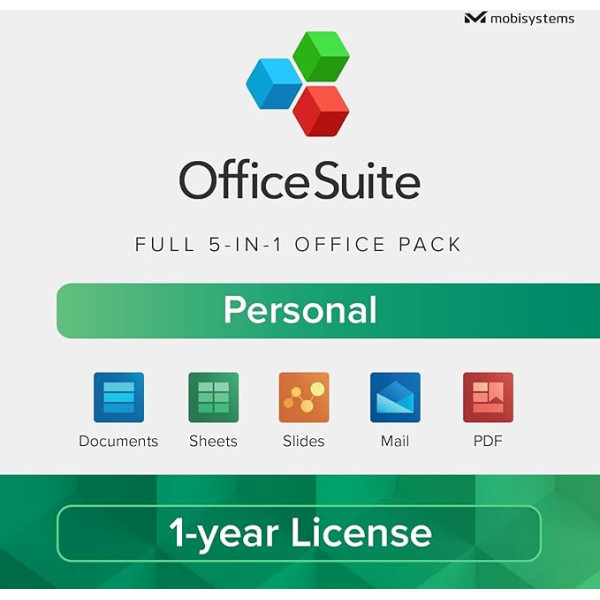 OfficeSuite Personal - 1 gada licence - dokumenti, lapas, diapozitīvi, PDF, pasts un kalendārs operētājsistēmai Windows 1 Windows un 2 mobilajām ierīcēm