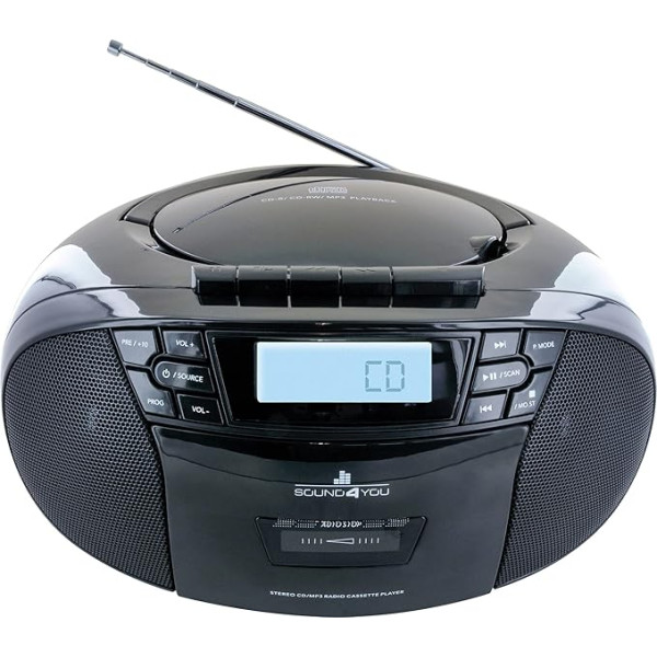 SCHWAIGER 658026 CD atskaņotājs ar kasetēm un radio MP3 USB savienojums FM radio AUX austiņas Boombox Pārnēsājams, darbināms no elektrotīkla un ar akumulatoru Displejs Melns