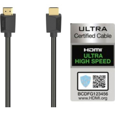 Hama HDMI kabelis 1 metrs, īpaši ātrdarbīgs (monitora kabelis 4K / 8K, 48 Gbit/s, UHD ekrāna kabelis ar eARC, Ethernet, HDR, aizsardzība pret pārliekumiem, 120 Hz/60 Hz) 1 m