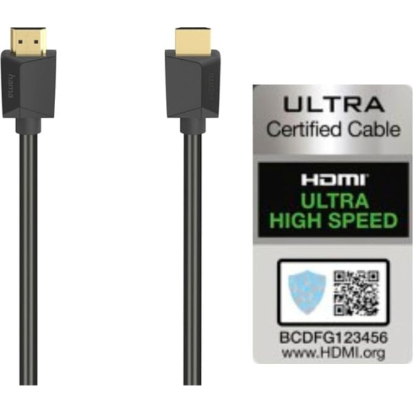 Hama HDMI kabelis 1 metrs, īpaši ātrdarbīgs (monitora kabelis 4K / 8K, 48 Gbit/s, UHD ekrāna kabelis ar eARC, Ethernet, HDR, aizsardzība pret pārliekumiem, 120 Hz/60 Hz) 1 m