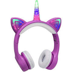 Bluetooth bērnu austiņas, Hisonic Unicorn Bluetooth austiņas meitenēm ar krāsainām gaismiņām, iebūvētu mikrofonu bērniem no 3 gadu vecuma (violetas)