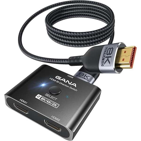 GANA HDMI 2.1 slēdzis, Ultra HD 8K divvirzienu HDMI sadalītājs, atbalsta 4K@120Hz, 8K@60Hz 【ar 4 pēdu HDMI kabeli】Alumīnija HDMI selektors PS5/PS4, Xbox, Roku, TV, Fire Stick (melns)