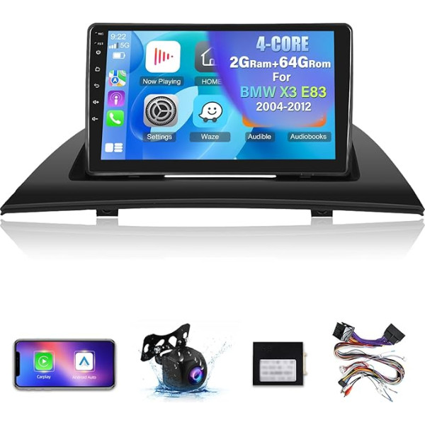 NHOPEEW 2+64G auto radio BMW X3 E83 2004-2012 - Bezvadu Carplay un Android Car - 9 collu Android 13 auto radio ar WiFi GPS EQ FM RDS + AHD atpakaļgaitas kamera un mikrofons