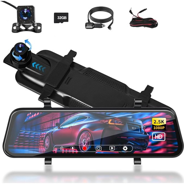 Podazz Mirror Dash Cam ar aizmugures skata kameru, 10 collu IPS Touch Screen Dashcam 2.5K auto kameras spogulis ar 32G SD karti, 170° platleņķa Dash Cam ar cilpas ierakstīšanu un G-sensoru, nakts redzamību, autostāvvietu