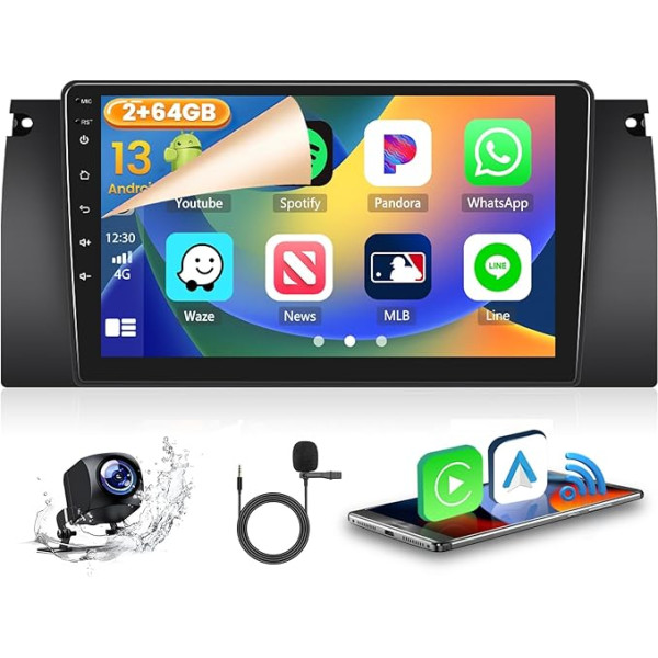 2GB + 64GB Android 13 Auto radio BMW 5 E39 E53 M5 X5 1996-2007 Radio bezvadu Apple CarPlay Android auto Bluetooth brīvroku komplekts 9 collu ekrāns Auto radio ar navigāciju atpakaļgaitas kamera