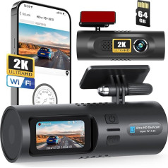 CAMECHO Dash Cam Car, 2K WiFi ar App Control, Dash Cam priekšējā interjera kamera ar 64GB SD karti, iebūvēts 1,5 collu displejs, Dash Cam atbalsta autostāvvietas uzraudzību, G-sensoru, Loop Recording, Loop Recording