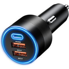 SONRU 66W auto lādētājs USB C cigarešu aizdedzinātāja adapteris, 9A ātrās uzlādes auto lādētājs ar C tipa PD3.0 dubulto USB QC 3.0 auto lādētāju telefonam, planšetdatoram, melns