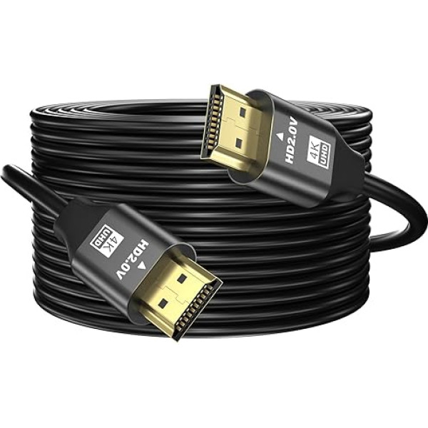 grofyllaa 4K HDMI kabelis 20 m, ātrgaitas HDMI 2.0 kabelis 4K @ 60Hz 2K @ 120Hz, zeltīts savienotājs 3D ARC HDCP 2.2 un 2.3 HDTV/Blu Ray atskaņošanai/projektoriem/neimatoriem/PS4/PS5 (melns)