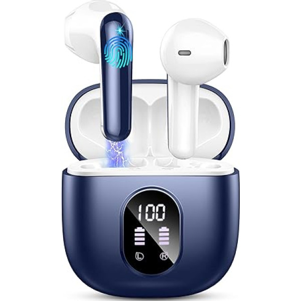 Bluetooth austiņas, bezvadu Bluetooth 5.4 In-Ear austiņas, bezvadu austiņas ar 4 ENC trokšņu slāpēšanas mikrofonu, 50H atskaņošanas laiks, bezvadu austiņas, LED displejs, IP7 ūdensizturīgas austiņas, zilas