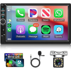 Auto radio 2 DIN ar CarPlay Android Car, Hodozzy Auto radio MP5 atskaņotājs 7 collu ekrāns Bluetooth ar Bluetooth/Mirror Link/SWC/FM EQ USB AUX, Double DIN multimediju atskaņotājs auto + HD aizmugures skata kamera