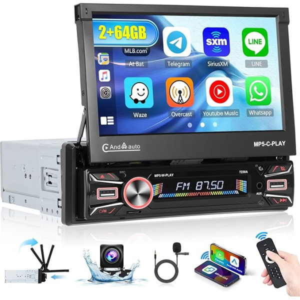 Inefala Android 13 Auto radio 1 DIN CarPlay ar motorizētu ekrānu (2 + 64G), 7 collu Bluetooth auto radio ar bezvadu Android Car Play Mirror Link FM RDS GPS WiFi atpakaļgaitas kamera AUX USB