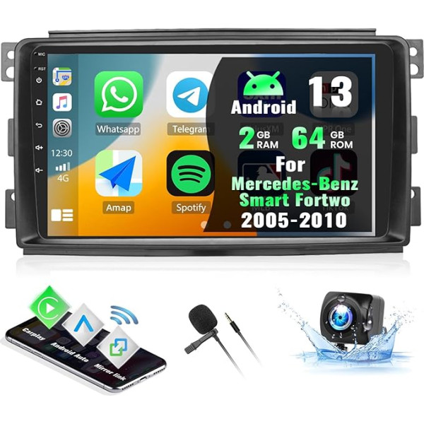 CAMECHO Android 13 auto radio Mercedes-Benz Smart Fortwo 2005-2010 ar bezvadu Carplay Android Car, 9 collu ekrāns, auto radio ar Bluetooth RDS/FM Mirror Link WiFi GPS SWC + atpakaļgaitas kamera