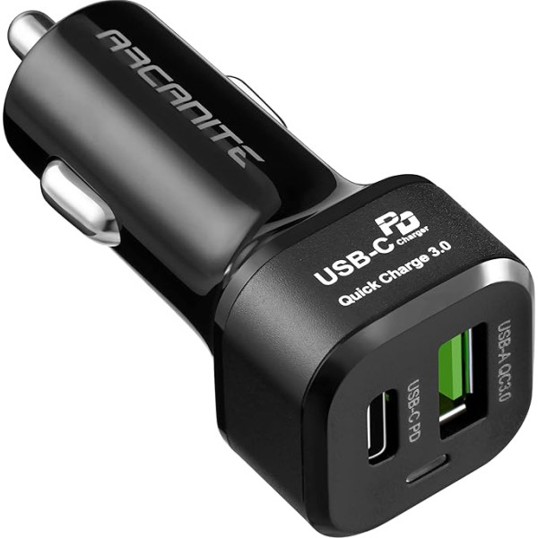 ARCANITE Auto lādētājs, 45 W ātrais USB lādētājs ar divām pieslēgvietām - USB-C PD3.0 (27 W), USB-A QC3.0 (18 W), Premium+