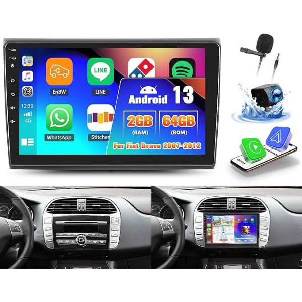 OiLiehu 2G + 64G Android 13 Double DIN Radio Android Car Carplay priekš Fiat Bravo 2007-2012 Automobiļu radio ar ekrānu 9 collu autoradio ar Mirror Link/EQ/Bluetooth/SWC/FM RDS/WiFi/GPS/Augstuma kamera