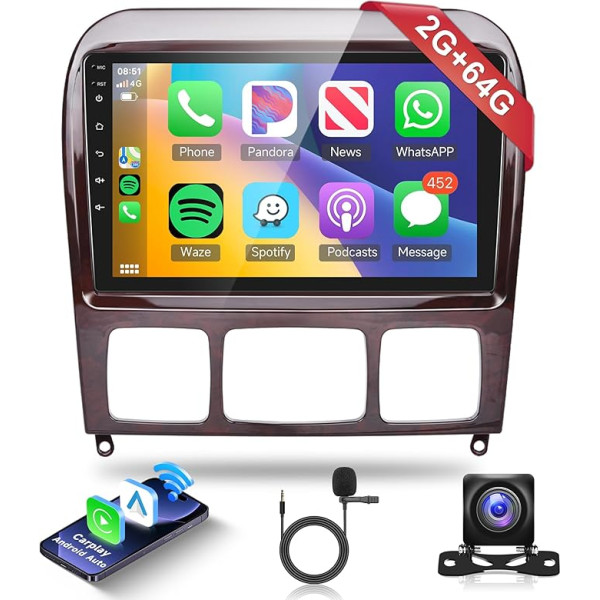 2G + 64G bezvadu Carplay Android 13 Auto radio 2 DIN Mercedes Benz S klases W220 VV220 1998-2005 9 collu auto radio ar Android auto navigāciju GPS WiFi Mirror Link Bluetooth FM/RDS/DAB/EQ/SWC aizmugurējais