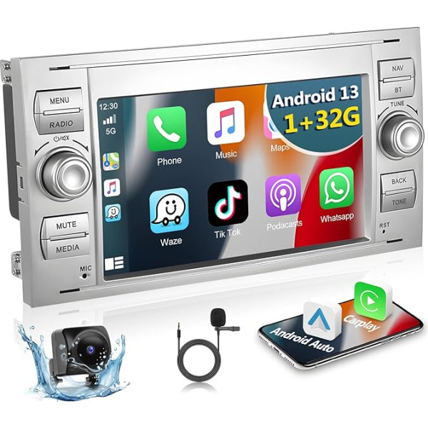 Podofo Android auto radio priekš Ford Focus C-max S-max Galaxy Fusion Fiesta Mondeo Kuga Transit Connect ar bezvadu Carplay Android auto, 7 collu skārienekrāna radio ar Bluetooth, WiFi, GPS + atpakaļgaita