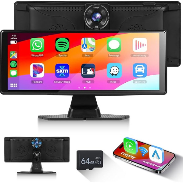 Hodozzy 10,26 collu bezvadu Carplay displejs Android automašīnai, auto radio bezvadu Carplay IPS ekrāns, Android automašīnas ekrāns ar AUX/FM, Dash Cam, Loop Recording, Mirror Link, Bluetooth + 64G TF