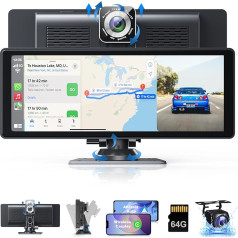 Portatīvais bezvadu Carplay un Android automašīnas ekrāns, 10,26 collu IPS skārienekrāns ar 4K Dash Cam un aizmugures skata kameru, atbalsta Bluetooth/Siri/Google/GPS/Mirror Link, iekļauta 64G TF karte