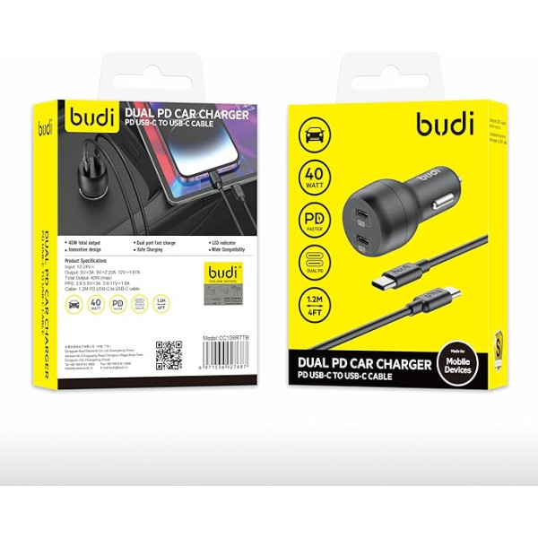 Budi - Dual PD Kfz-Ladegerät & PD USB-C auf USB-C-Kabel - CC108RTTB