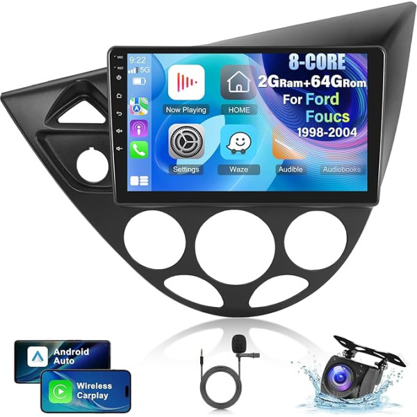 2+64G Android CarPlay Stereo priekš Ford Focus 1998-2004 - 9 collu skārienjūtīgais radio ar bezvadu CarPlay Android Car - WiFi GPS Mirror Link EQ RDS + atpakaļgaitas kamera un mikrofons