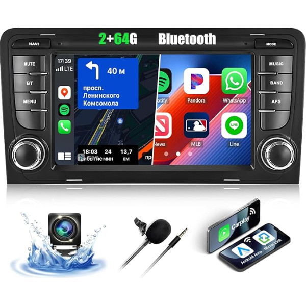 CAMECHO 2+64G 7 collu autoradio Audi A3 S3 RS3 2003-2012, Android 13 Wireless Carplay Bluetooth radio ar atpakaļgaitas kameru Android Car WiFi GPS Navigation Mirror Link HD Touchscreen + Canbus