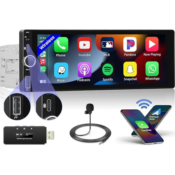 Hikity 1 Din bezvadu bezvadu Carplay autoradio ar DAB adapteri, 6,9 collu autoradio ar Android auto spoguļa saiti Bluetooth 5.0 SWC USB Type-C Mic FM RDS