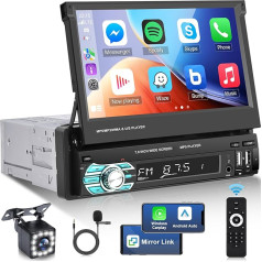 DIN 1 auto radio ar ekrānu ar bezvadu Carplay un Android Car - 7 collu auto radio ar izvelkamu displeju ar Bluetooth Mirror Link USB Type C ar AHD atpakaļgaitas kameru un tālvadības pulti