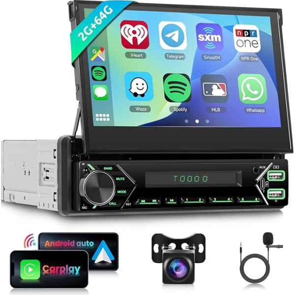 Hodozzy Android 1 DIN ar izvelkamu izvelkamu displeja ekrānu ar bezvadu Carplay Android Car, Mirror Link, GPS Navi, SWC, 7 collu HD skārienjūtīgais ekrāns MP5 atskaņotājs, WiFi, USB/AUX EQ/RDS/FM + atpakaļgaita