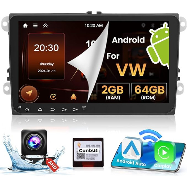 Hikity 2G + 64G Android auto radio VW Sagitar Jatta Jetta Passat Touran Golf Sharan Caddy ar navigāciju, 9 collu auto radio ar Wireless Carplay Android Car WiFi Navi BT FM/RDS radio atpakaļgaitas kamera