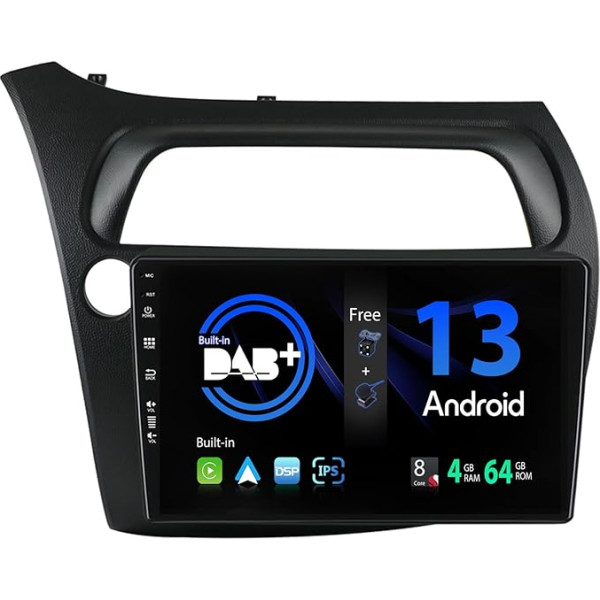 SXAUTO [Iebūvēts DAB] Android 13 Auto Radio Honda Civic (2006-2012) - CarPlay/Android Car - LED kamera + Mic - 4G + 64G - 360-CAM stūres vadības stūres vadības Fast Boot WiFi Bluetooth DSP - 2 DIN IPS 9