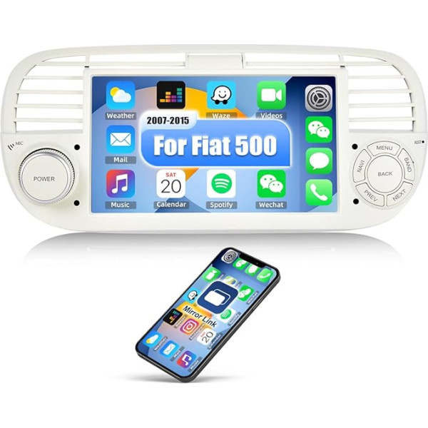 CAMECHO Android 13 autoradio Fiat 500 (2007-2015) ar Bluetooth navigāciju, 7 collu autoradio ar skārienjūtīgu displeju, FM/RDS Mirror Link WiFi un USB (Balts)