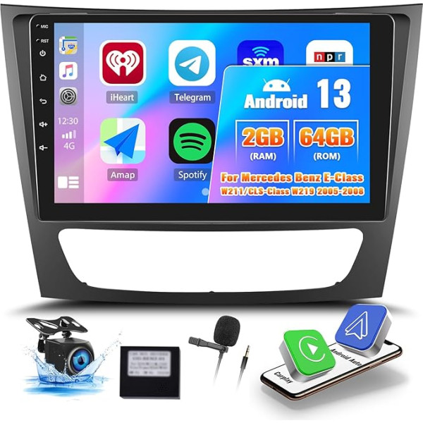 OiLiehu 2G + 64G Android 13 Auto radio 2DIN Carplay Android automašīnai Mercedes Benz W211 E-klase CLS-klase W219 2005-2008 Auto radio ar ekrānu 9 collas ar EQ/Bluetooth/FM RDS/WiFi/GPS/Rear View kamera