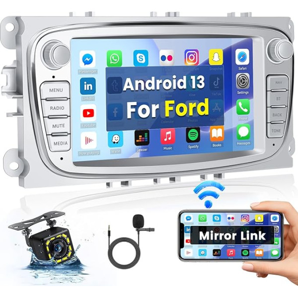 Hikity Android 13 Double DIN auto radio Focus II S-Max Mondeo 9 Galaxy II C-Max Kuga, 7 collu auto radio ar Carplay un Android navigāciju BT WiFi GPS FM/RDS radio atpakaļgaitas kamera Mikrofons