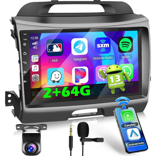 Inefala Android 13 2G/64G auto radio ar GPS navigāciju Kia Sportage 2010-2016 Radio Wireless Carplay Android Car, 9 collu skārienekrāns, GPS, WiFi, BT, USB, FM RDS, EQ, MIC, CAM