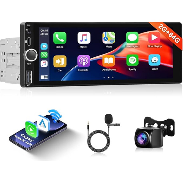 2G + 64G bezvadu Carplay Android 13 Auto radio 1 DIN ar bezvadu Android auto GPS navigāciju WiFi 6,86 collu skārienjūtīgais ekrāns Auto radio ar spoguļa saiti Bluetooth FM/RDS/DAB/OBD/DVR stūres vadības stūres rats