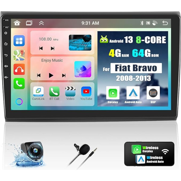 Auto radio Fiat Bravo 2008-2013 Android 13 ar Carplay Android Car, 8-core 9 collu skārienekrāna radio ar inteliģento balss Bluetooth WiFi GPS FM / RDS 36EQ DSP tīkla radio SWC + atpakaļgaitas kamera