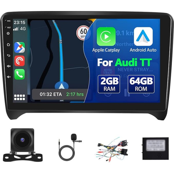 2+64G Android 13 Dual DIN auto radio Audi TT 8J MK2 2004-2018 ar Carplay & Android Car, 9 collu skārienjūtīgais ekrāns, auto radio uztvērējs ar Bluetooth, WiFi, GPS, FM/RDS, HI-FI SWC + atpakaļgaitas kamera