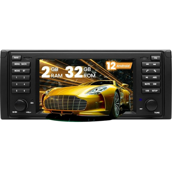 Kymmtun Android 12 auto radio, piemērots BMW X5 E53 E39 7 collu skārienjūtīgajam ekrānam (2GB + 32GB) Bezvadu CarPlay, ar 4G + WiFi/GPS/USB/FM/AM/DSP/Hands-Free Bluetooth stūres vadības ierīci Android Car