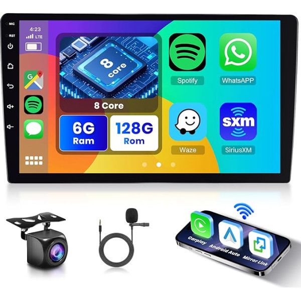 Hodozzy 8-core 6G + 128GB Android auto radio 9 collu Carplay IPS skārienjūtīgais ekrāns Bezvadu Android auto radio ar GPS navigāciju, Bluetooth, Mirror Link, WiFi, USB, FM RDS, DSP/EQ, atpakaļgaitas kameras vadību