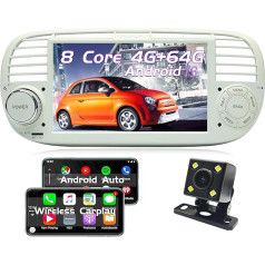 AneQu Android auto radio Fiat 500 2007-2016 ar Android 12 Octa Core 4 GB RAM 64 GB ROM Viendimensiju DIN auto GPS navigators ar aizmugures skata kameru Iebūvēta Carplay Android Car White