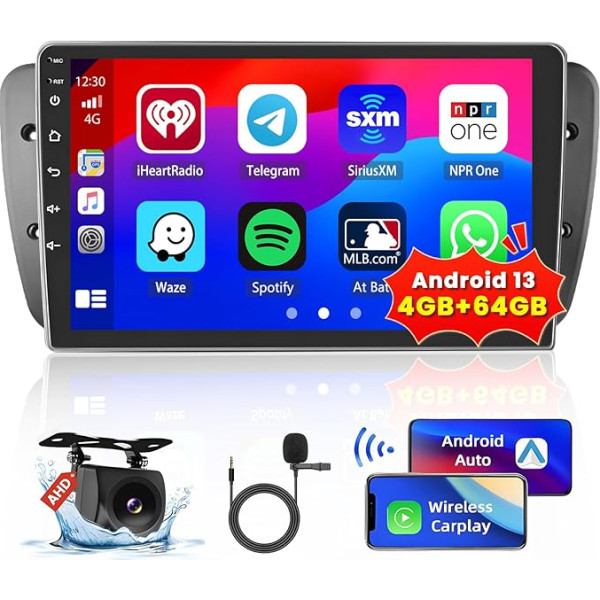 8 kodolu 4GB + 64GB Android 13 Auto radio Seat Ibiza 2009-2013 Radio bezvadu Apple CarPlay Android auto Bluetooth 9 collu ekrāns Auto radio ar navigāciju atpakaļgaitas kamera