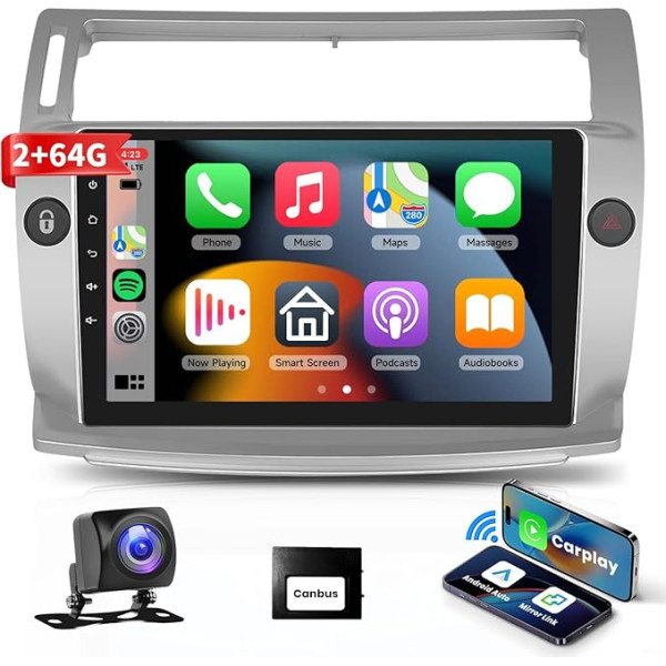 Podofo Carplay auto radio Citroen C4 2004-2009/C-QUATRE 2008-2011, 10,1 collu skārienjūtīgais ekrāns, auto radio 2G+64G ar bezvadu A-pple Carplay Android Car, Bluetooth/Mirror Link/GPS/WiFi/FM/RDS+Reversing